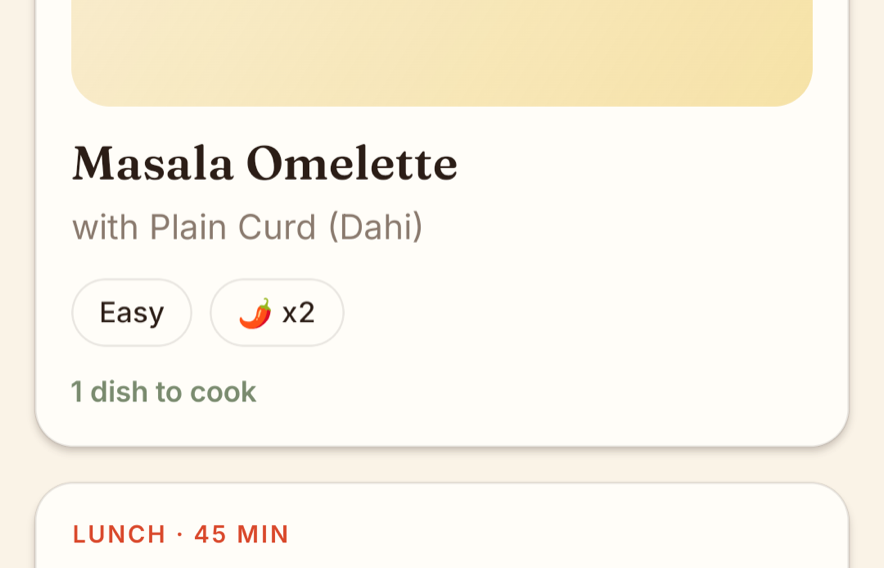 The Dinejot today view showing a planned breakfast of masala omelette with plain curd, marked easy and one dish to cook
