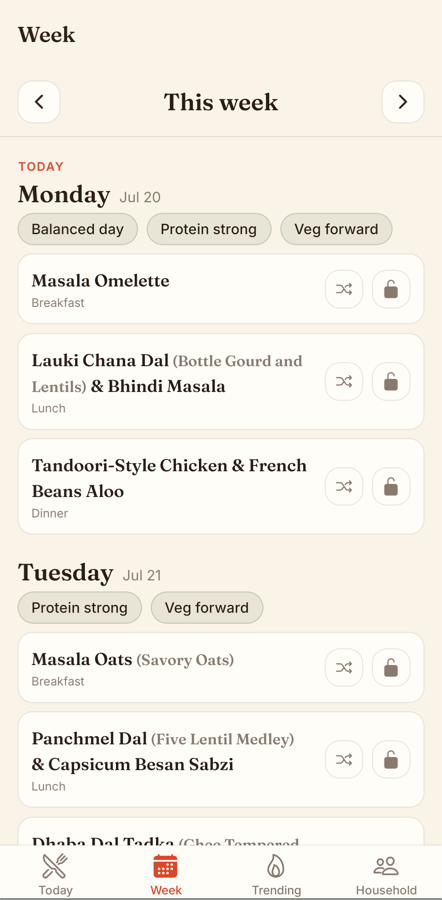 The Dinejot week view showing a family's planned meals, with a whole plate for breakfast, lunch, and dinner on each day